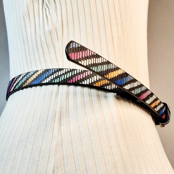 Womens Skinny Small Medium Waist Belt Mulitcolor Faux Leather Diagonal Stripes - Picture 4 of 11